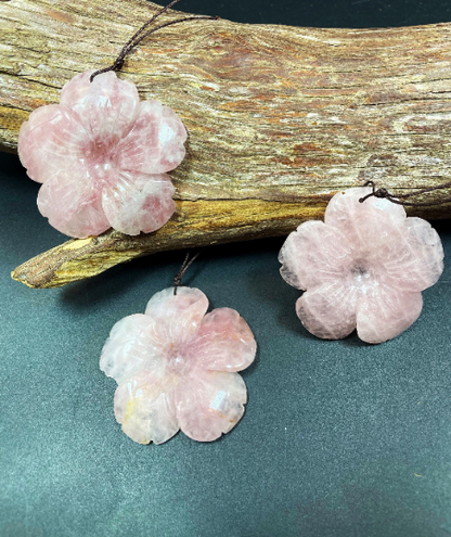 Hand Carved Rose Quartz Flower Pendant, Handmade Gemstone Pendant, 50mm Natural Pink Rose Quartz Gemstone Pendant