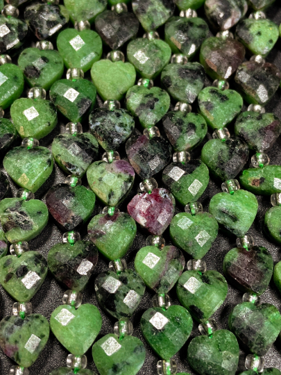 Natural Ruby Zoisite Gemstone Bead Faceted 8mm Heart Shape Bead. Beautiful Natural Green Ruby Red Color Zoisite Gemstone, Full Strand 15.5