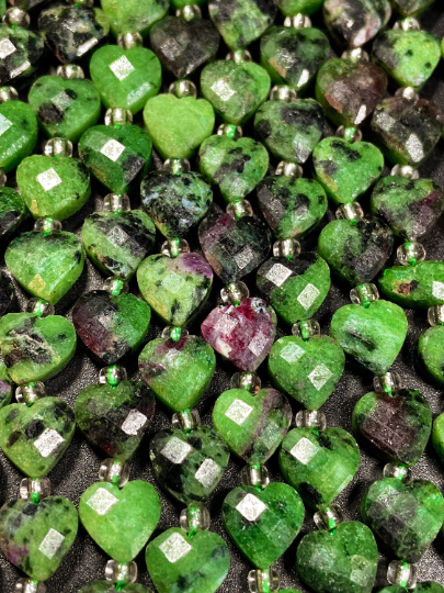 Natural Ruby Zoisite Gemstone Bead Faceted 8mm Heart Shape Bead. Beautiful Natural Green Ruby Red Color Zoisite Gemstone, Full Strand 15.5