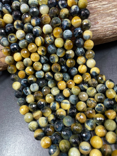 AAA Natural Blue Yellow Tiger Eye Gemstone Round Bead. Faceted 6mm 8mm 10mm 12mm Round Bead. Natural Blue Honey Yellow Color Gemstone Bead