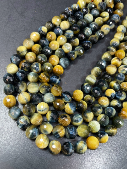 AAA Natural Blue Yellow Tiger Eye Gemstone Round Bead. Faceted 6mm 8mm 10mm 12mm Round Bead. Natural Blue Honey Yellow Color Gemstone Bead