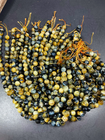 AAA Natural Blue Yellow Tiger Eye Gemstone Round Bead. Faceted 6mm 8mm 10mm 12mm Round Bead. Natural Blue Honey Yellow Color Gemstone Bead