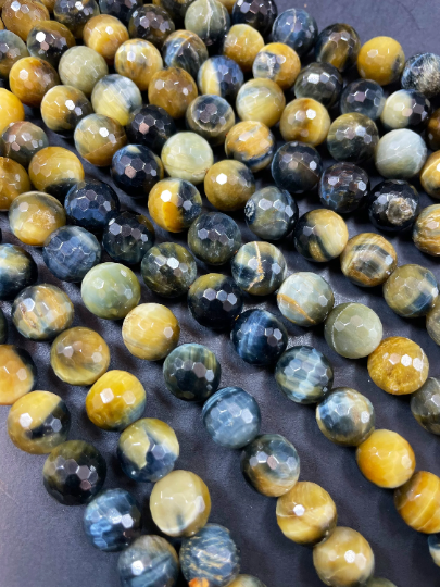 AAA Natural Blue Yellow Tiger Eye Gemstone Round Bead. Faceted 6mm 8mm 10mm 12mm Round Bead. Natural Blue Honey Yellow Color Gemstone Bead
