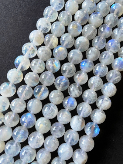 AAA Natural Blue Flash Moonstone 4mm 6mm 8mm 10mm 12mm Round Beads. Gorgeous Natural White Moonstone Color with Blue Flash.