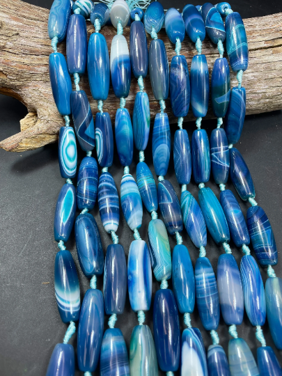 AAA Natural Blue Botswana Agate Gemstone Bead 14x40mm Barrel Shape. Gorgeous Blue Color Botswana Agate Gemstone Bead