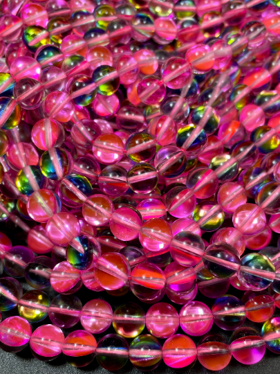 Beautiful Mermaid Glass Beads 6mm 8mm 10mm 12mm Round Beads. Gorgeous Light Pink Rainbow Color, Full 15.5" strand.