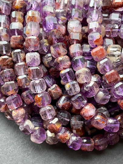 AAA Natural Super 7 Gemstone Bead Faceted 8mm Cube Shape, Beautiful Natural Purple Translucent Color Super 7 Gemstone Bead, Full Strand 15.5"