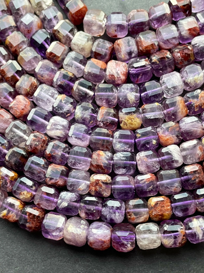 AAA Natural Super 7 Gemstone Bead Faceted 8mm Cube Shape, Beautiful Natural Purple Translucent Color Super 7 Gemstone Bead, Full Strand 15.5"