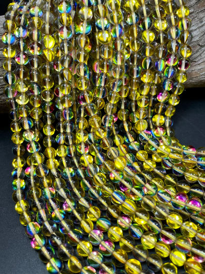 Mermaid Glass Beads 6mm 8mm 10mm 12mm Round Beads, Gorgeous Yellow Rainbow Mermaid Glass Beads, Full Strand 15.5"