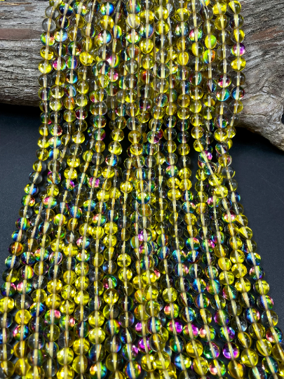 Mermaid Glass Beads 6mm 8mm 10mm 12mm Round Beads, Gorgeous Yellow Rainbow Mermaid Glass Beads, Full Strand 15.5"
