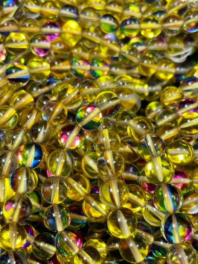 Mermaid Glass Beads 6mm 8mm 10mm 12mm Round Beads, Gorgeous Yellow Rainbow Mermaid Glass Beads, Full Strand 15.5"