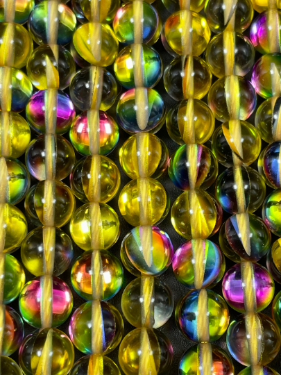 Mermaid Glass Beads 6mm 8mm 10mm 12mm Round Beads, Gorgeous Yellow Rainbow Mermaid Glass Beads, Full Strand 15.5"