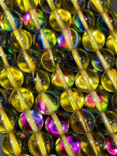 Mermaid Glass Beads 6mm 8mm 10mm 12mm Round Beads, Gorgeous Yellow Rainbow Mermaid Glass Beads, Full Strand 15.5"