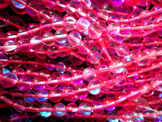 Mermaid Glass Beads 6mm 8mm 10mm 12mm Round Beads, Beautiful Rainbow Fuchsia Color Mermaid Glass Beads, Full Strand 15.5"