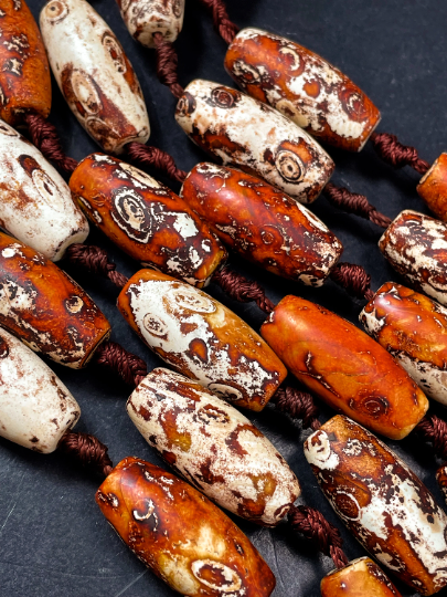 AAA Natural Tibetan Gemstone Bead 12x30mm/13x40mm Barrel Shape Bead, Gorgeous Brown Orange Color Tibetan Gemstone Bead, Amazing Quality Full Strand 15.5"