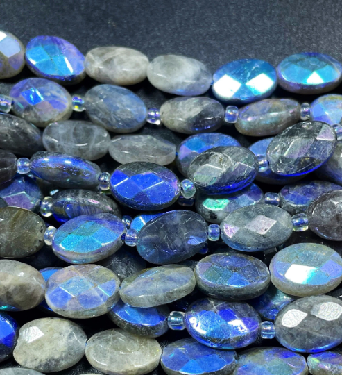 Mystic Natural Labradorite Gemstone Bead Faceted 8x10mm 9x12mm Oval Shape, Beautiful Gray Blue Color Labradorite Gemstone Bead