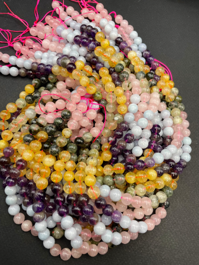 AAA Natural Multi Gemstone Beads 6mm 8mm 10mm Round Bead, Gorgeous Multicolor Mixed Gemstone Beads | Amethyst Aquamarine Citrine Prehnite Rose Quartz