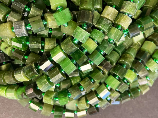 Natural Canadian Jade Gemstone Bead Faceted 9mm Cylinder Wheel Shape, Gorgeous Green Color Canadian Jade Beads