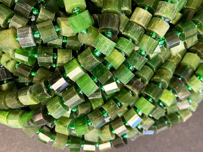Natural Canadian Jade Gemstone Bead Faceted 9mm Cylinder Wheel Shape, Gorgeous Green Color Canadian Jade Beads