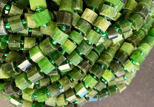 Natural Canadian Jade Gemstone Bead Faceted 9mm Cylinder Wheel Shape, Gorgeous Green Color Canadian Jade Beads