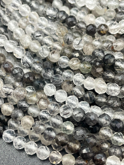 AAA Natural Rutilated Quartz Faceted 5mm Round Bead, Beautiful Black Clear Color Rutilated Quartz Gemstone Beads