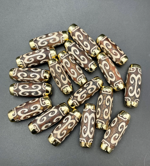 Natural Tibetan Agate Gemstone Pendant, 12x40mm Barrel Shape Beads, Beautiful Brown and White Beads, Great pendant for jewelry making!