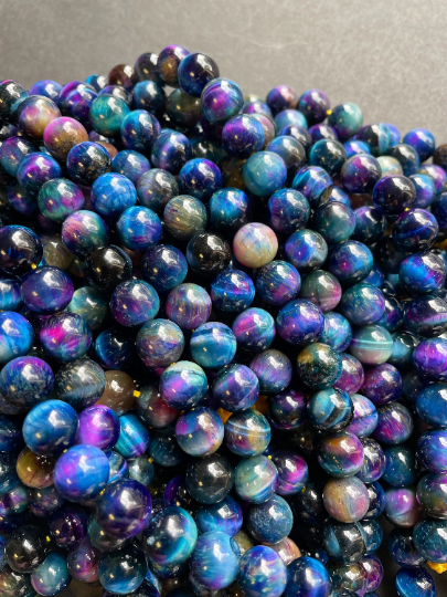 Natural Multicolor Galaxy Tiger Eye Gemstone Bead 6mm 8mm 10mm 12mm Round Bead, Gorgeous Multicolor Blue Purple Galaxy Tiger Eye Beads