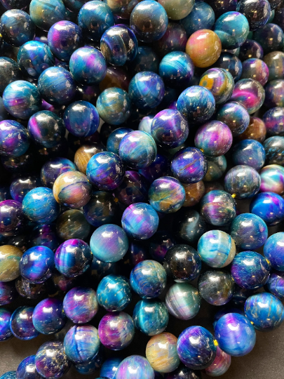 Natural Multicolor Galaxy Tiger Eye Gemstone Bead 6mm 8mm 10mm 12mm Round Bead, Gorgeous Multicolor Blue Purple Galaxy Tiger Eye Beads