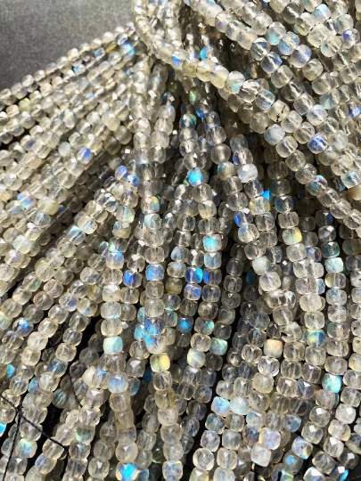 AAA Natural Labradorite Gemstone Bead Faceted 4mm Cube Shape, Beautiful Natural Gray Blue Flash Labradorite Bead Excellent Quality 15.5"