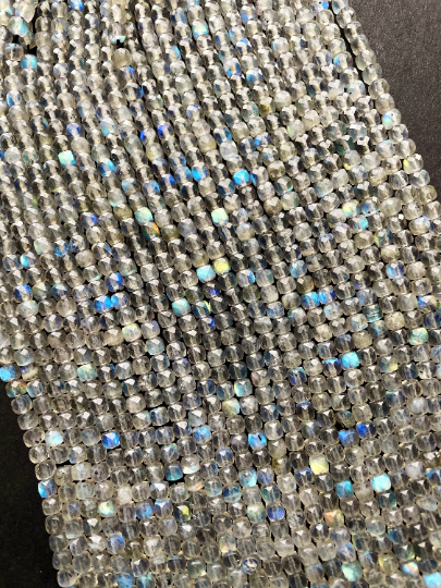 AAA Natural Labradorite Gemstone Bead Faceted 4mm Cube Shape, Beautiful Natural Gray Blue Flash Labradorite Bead Excellent Quality 15.5"