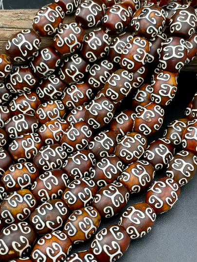 Natural Tibetan Agate Gemstone Bead 12x15mm Barrel Shape, Brown Color w/ Hand Painted Designs 15.5"