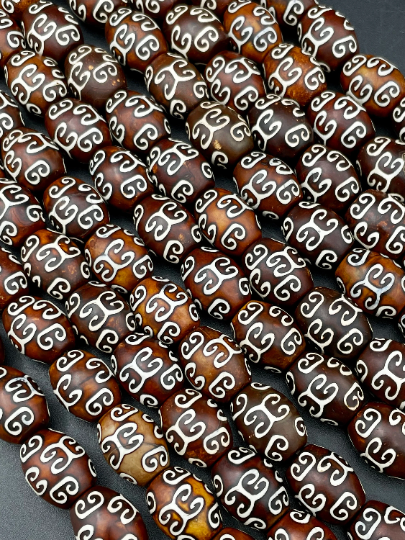 Natural Tibetan Agate Gemstone Bead 12x15mm Barrel Shape, Brown Color w/ Hand Painted Designs 15.5"