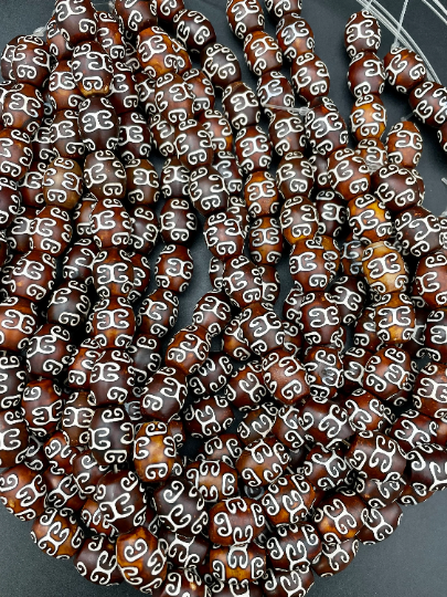 Natural Tibetan Agate Gemstone Bead 12x15mm Barrel Shape, Brown Color w/ Hand Painted Designs 15.5"