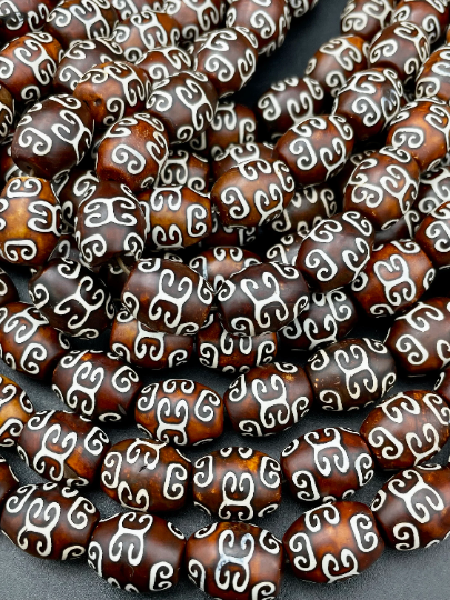 Natural Tibetan Agate Gemstone Bead 12x15mm Barrel Shape, Brown Color w/ Hand Painted Designs 15.5"