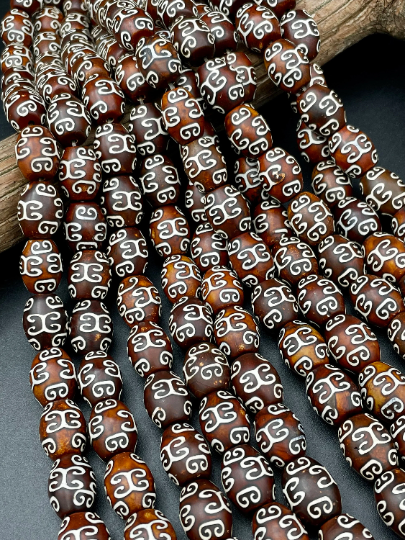 Natural Tibetan Agate Gemstone Bead 12x15mm Barrel Shape, Brown Color w/ Hand Painted Designs 15.5"