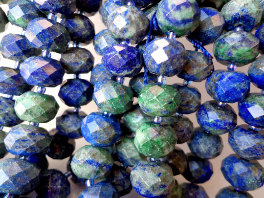 NATURAL Azurite Gemstone Beads 13x10mm Faceted Rondelle Shape, Gorgeous Blue and Green Color Full Strand 15.5"