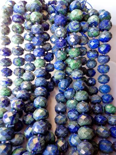 NATURAL Azurite Gemstone Beads 13x10mm Faceted Rondelle Shape, Gorgeous Blue and Green Color Full Strand 15.5"