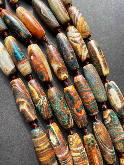 Beautiful Natural Tibetan Gemstone Bead 14x40mm Barrel Shape, Gorgeous Multicolor Brown Blue Colors Tibetan Gemstone Bead Full Strand 15.5"