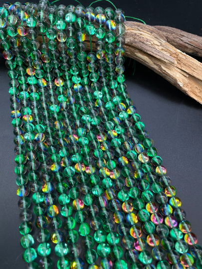 Mermaid Glass Beads, 6mm 8mm 10mm 12mm Round Beads, Beautiful Rainbow Glossy Green Beads, Great Quality Beads, Full Strand 15.5 inch