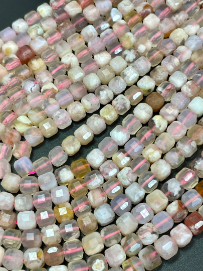 AAA Natural Cherry Blossom Flower Agate Gemstone Bead Faceted 8mm Cube Shape, Gorgeous Natural Beige Light Pink Clear Color Beads