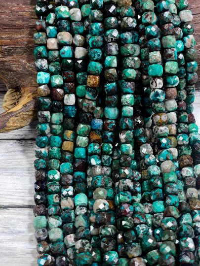 Natural Peru Turquoise Gemstone Bead Faceted 8mm Cube Shape, Gorgeous Natural Blue Brown Color Peru Turquoise, Excellent Quality 15.5" Strand