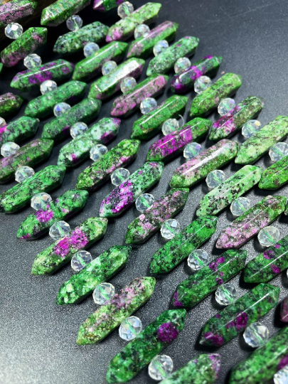 Natural Ruby Zoisite Gemstone Bead Faceted 8x30mm Double Point Barrel Shape, Natural Green Ruby Color Ruby Zoisite Beads Full Strand 15.5"