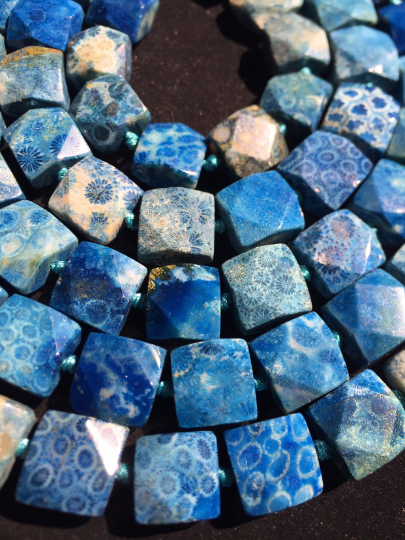 AAA Natural Fossil Coral Gemstone Beads, 18x18mm Faceted Hand Cut, Fossil Coral Stone Beads, Gorgeous Blue Color Beads Full Strand 15.5"