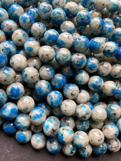 Natural K2 Stone Bead 6mm 8mm 10mm Round Beads, Gorgeous Gray Blue Color with Black Specks K2 Bead, Great Quality  Full Strand 15.5"