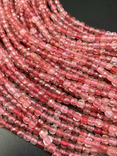 AAA Natural Red Strawberry Quartz Gemstone Bead Faceted 4mm Cube Shape Bead, Beautiful Natural Red Pink Color Strawberry Quartz, Full Strand 15.5"