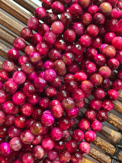 AAA Natural Tiger Eye Gemstone Bead Faceted 6mm 8mm 10mm Round Beads, Gorgeous Fuchsia Pink Color Tiger Eye Beads, Full Strand 15.5"