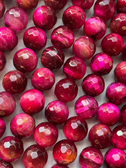 AAA Natural Tiger Eye Gemstone Bead Faceted 6mm 8mm 10mm Round Beads, Gorgeous Fuchsia Pink Color Tiger Eye Beads, Full Strand 15.5"
