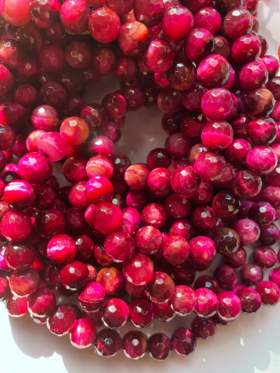 AAA Natural Tiger Eye Gemstone Bead Faceted 6mm 8mm 10mm Round Beads, Gorgeous Fuchsia Pink Color Tiger Eye Beads, Full Strand 15.5"