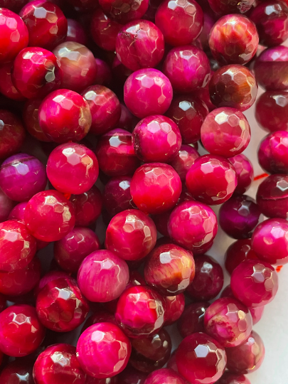 AAA Natural Tiger Eye Gemstone Bead Faceted 6mm 8mm 10mm Round Beads, Gorgeous Fuchsia Pink Color Tiger Eye Beads, Full Strand 15.5"