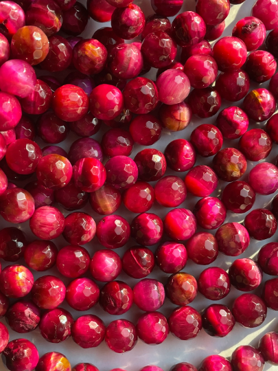 AAA Natural Tiger Eye Gemstone Bead Faceted 6mm 8mm 10mm Round Beads, Gorgeous Fuchsia Pink Color Tiger Eye Beads, Full Strand 15.5"